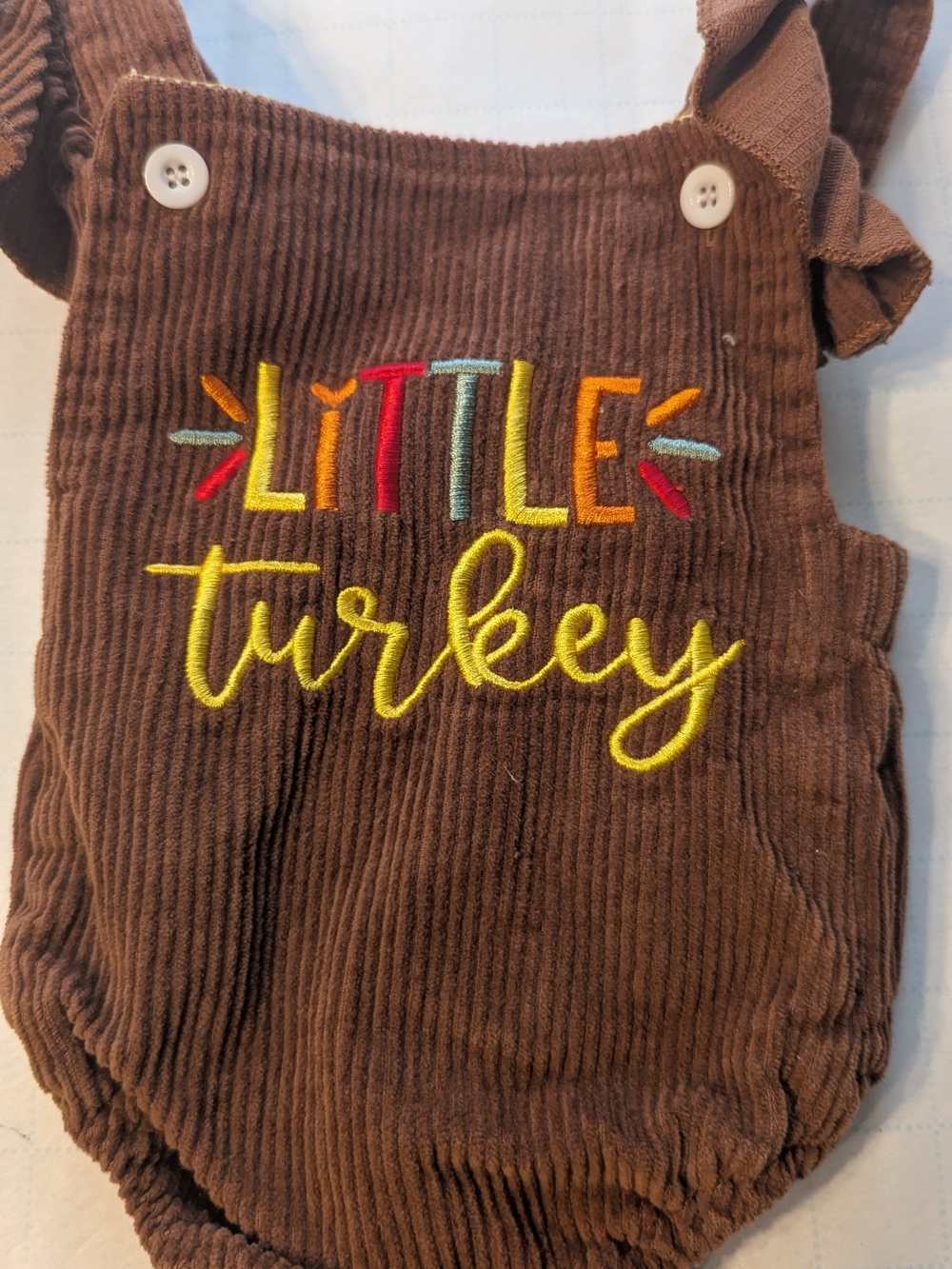 Kids Brown 'Little Turkey' Embroidered Corduroy Romper